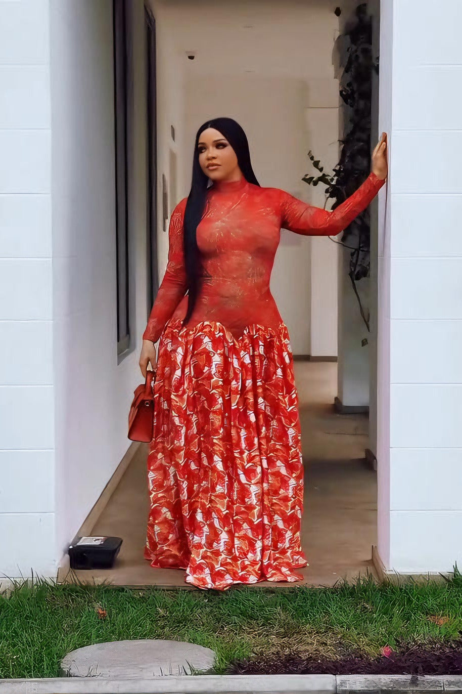 Bold Red Sheer Floral Maxi Gown