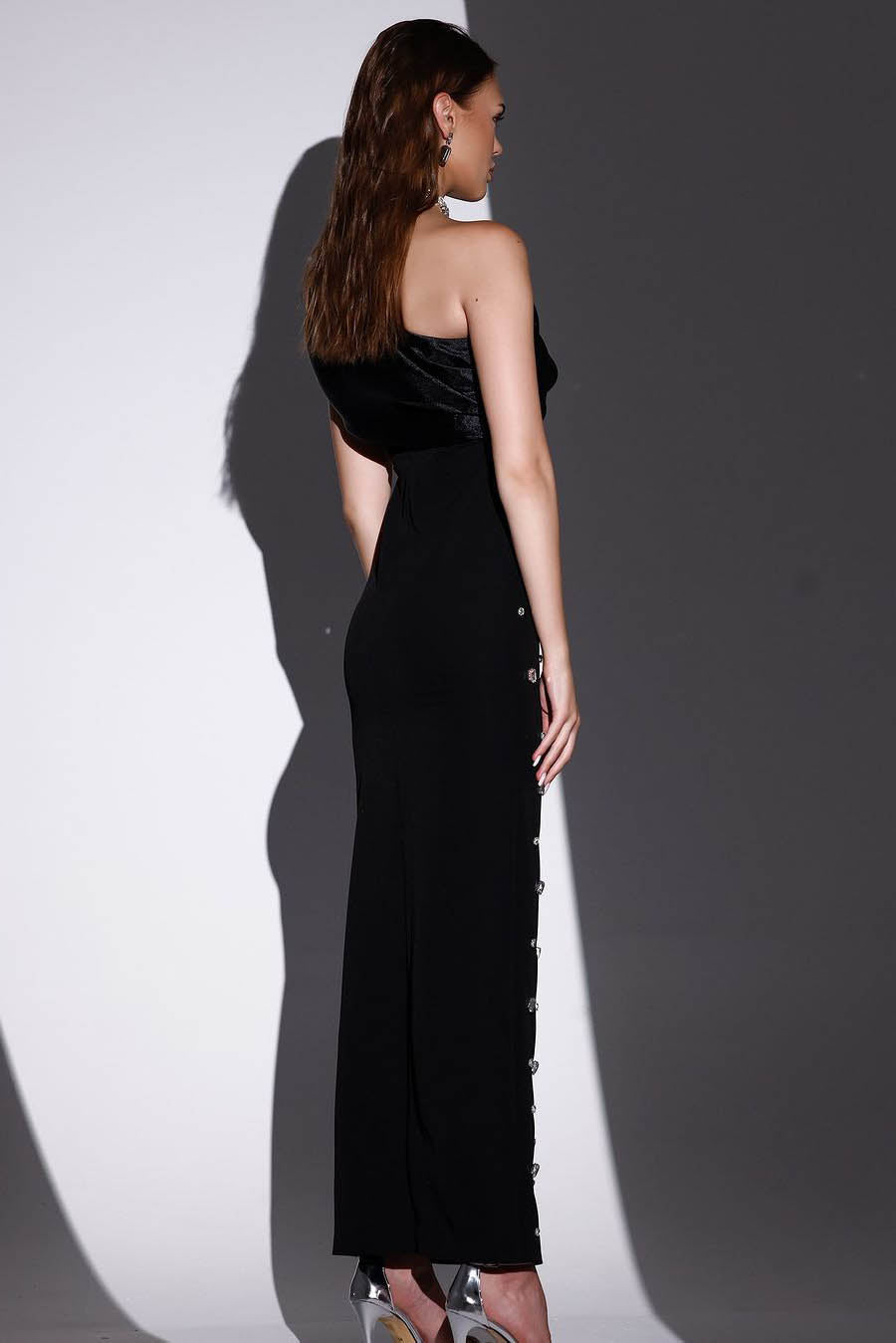 Rhinestone-Embellished Off-Shoulder Midi Dress