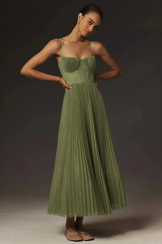 Pleated Tulle Fit & Flare Midi Dress with Bustier Top