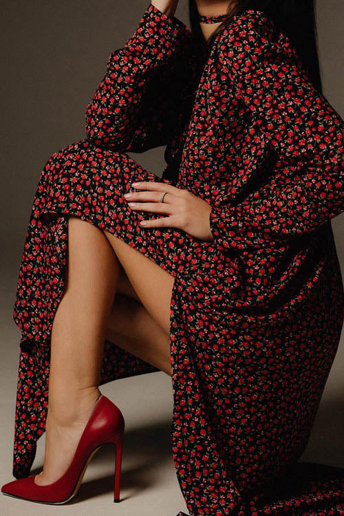 V-Neck Midi Dress with Bertha Floral Design