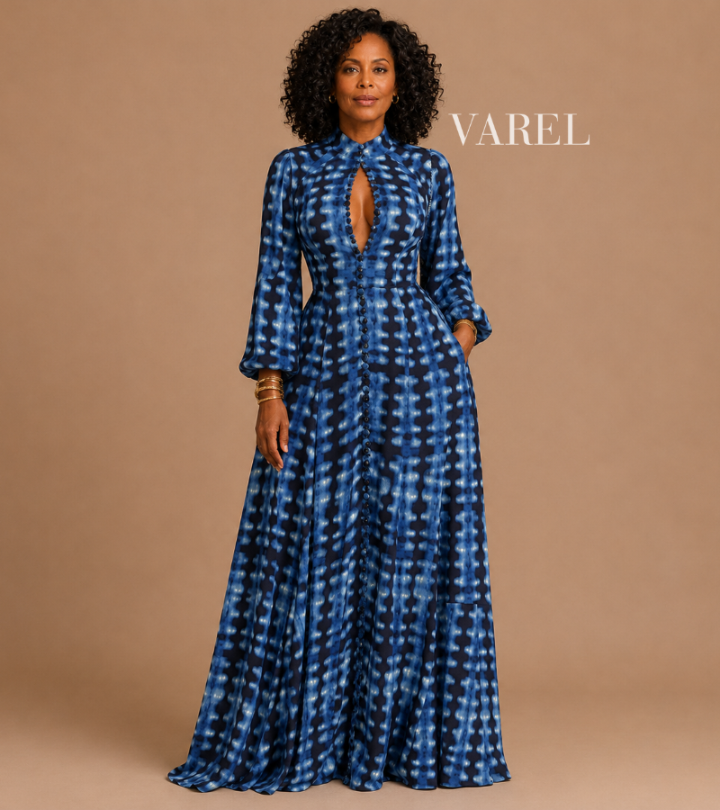 Aveline - Maxi Dress with Blue Tie-Dye and Button Front