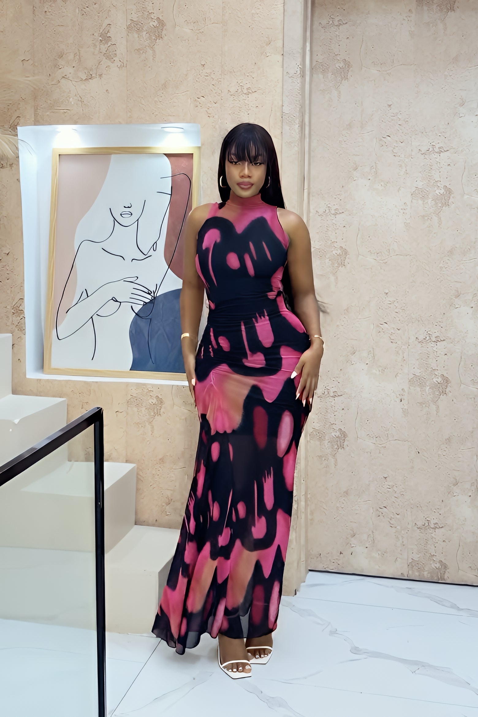 Maxi Dress with Abstract Ink Print and Mesh Details