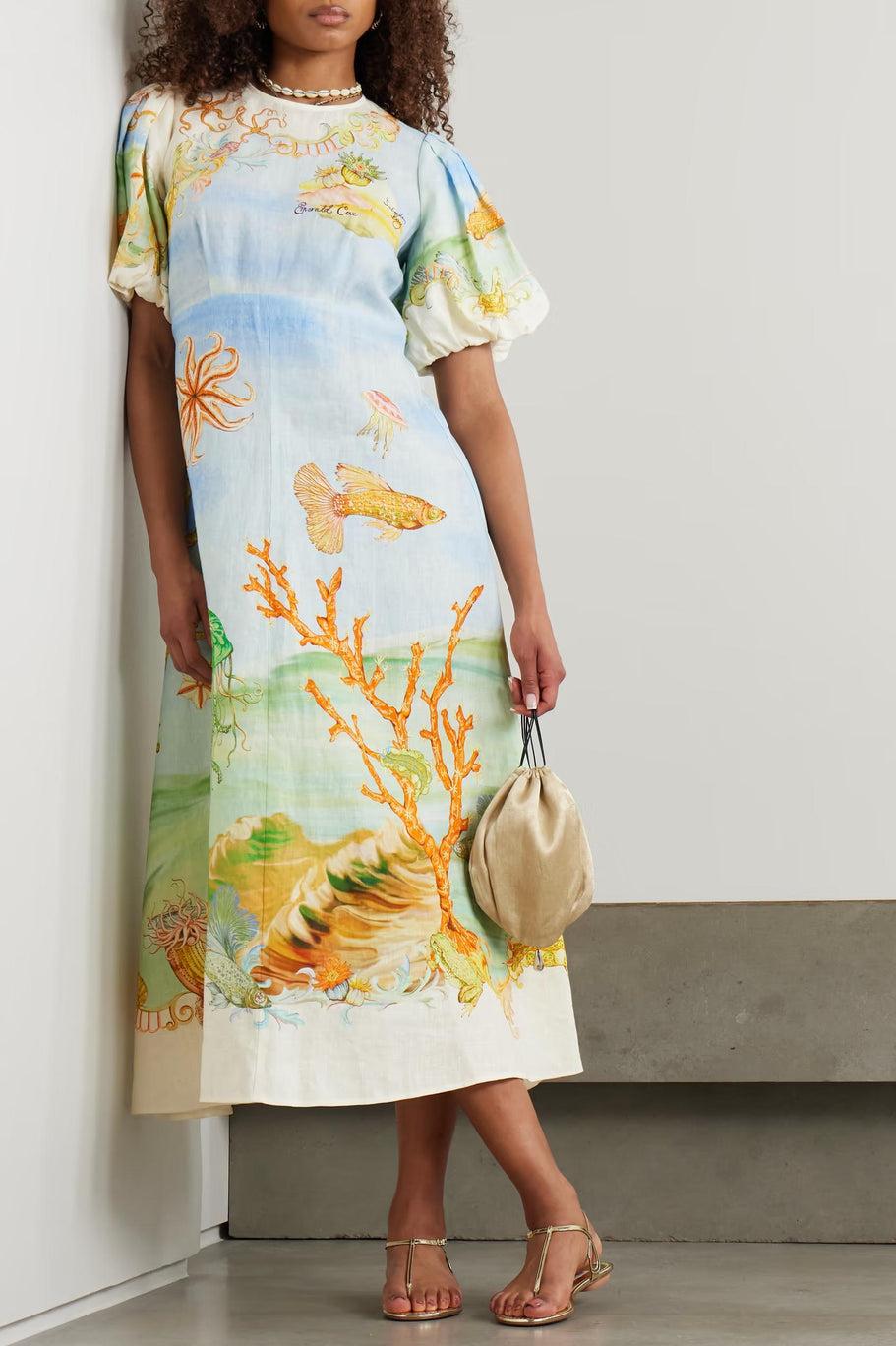 Gathered Midi Dress in Printed Linen-Gauze