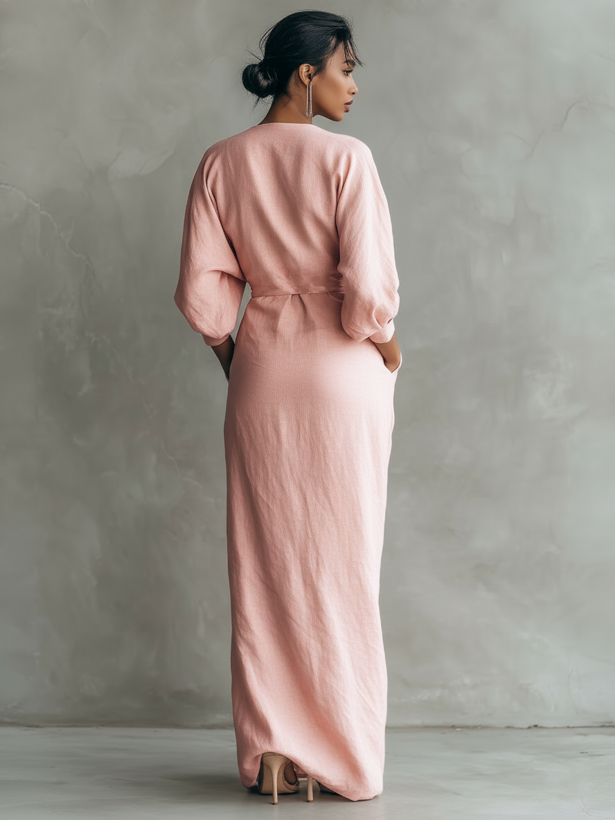 Taylor - Maxi Minimalist Dress in Pink with V-Neck in Linen Blend for Women