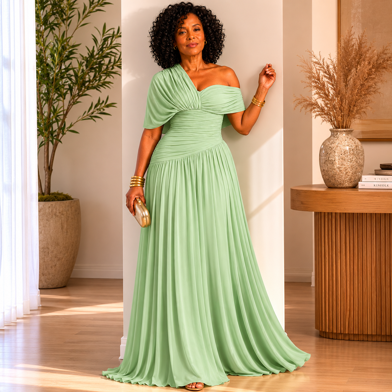 Lorelai - Mint Green Ruched Chiffon Maxi Dress