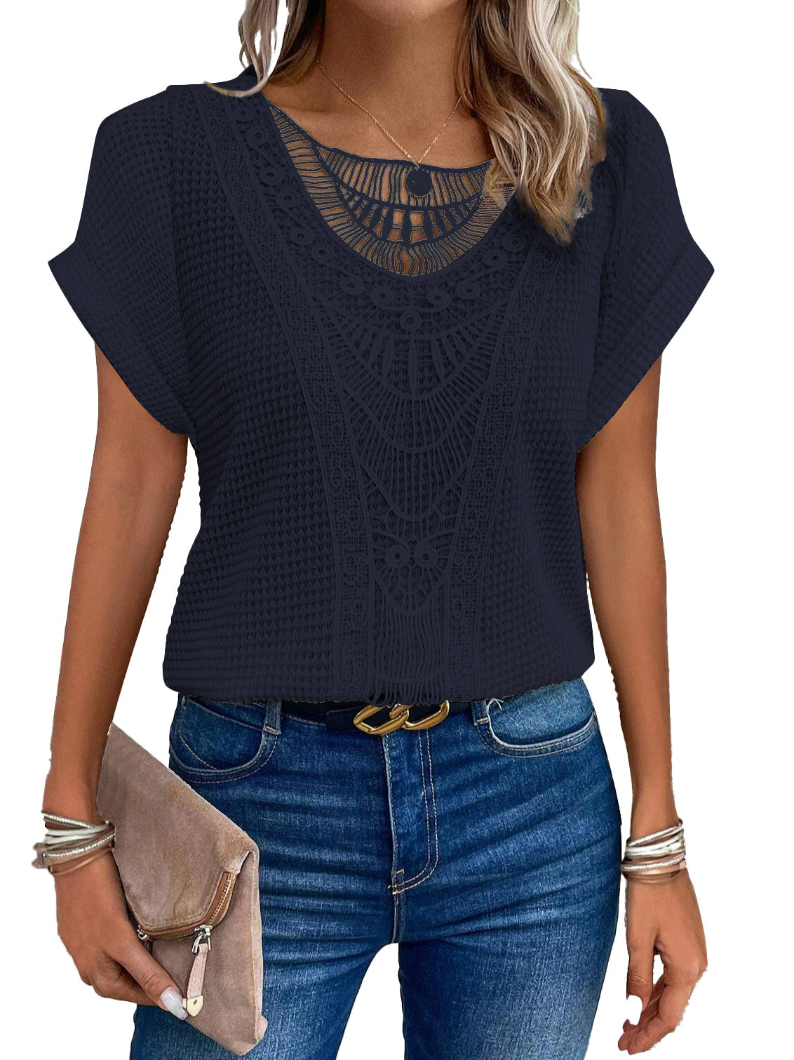 Leah – Short Sleeve Top with Lace Accents