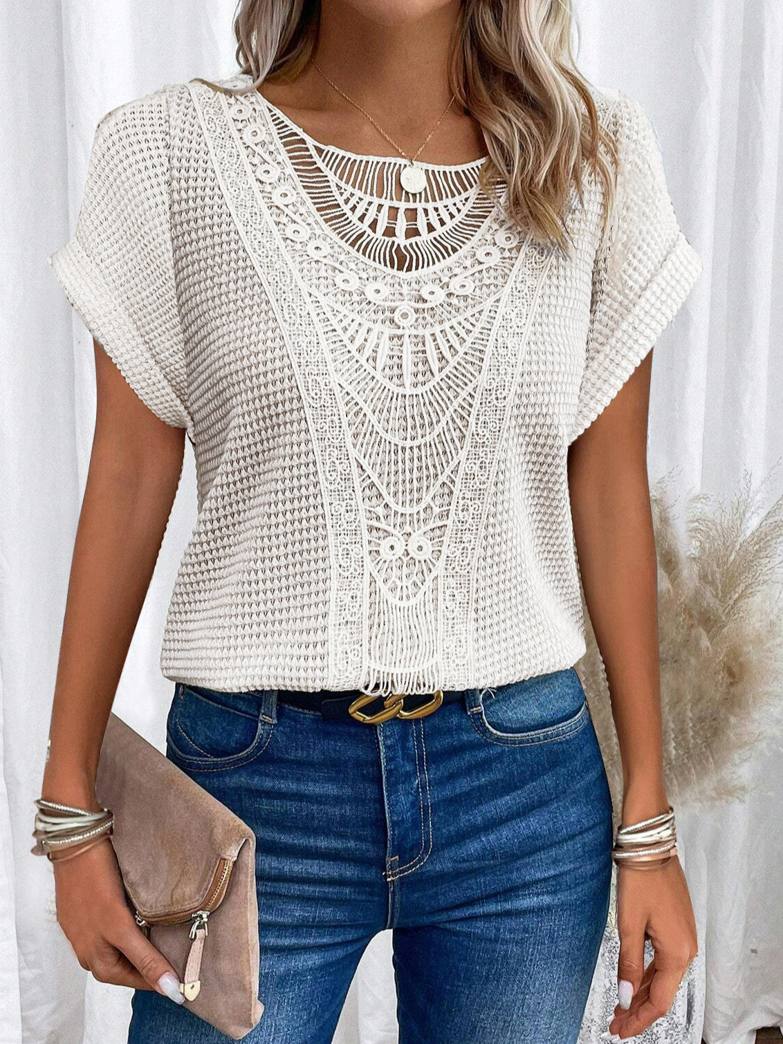 Leah – Short Sleeve Top with Lace Accents