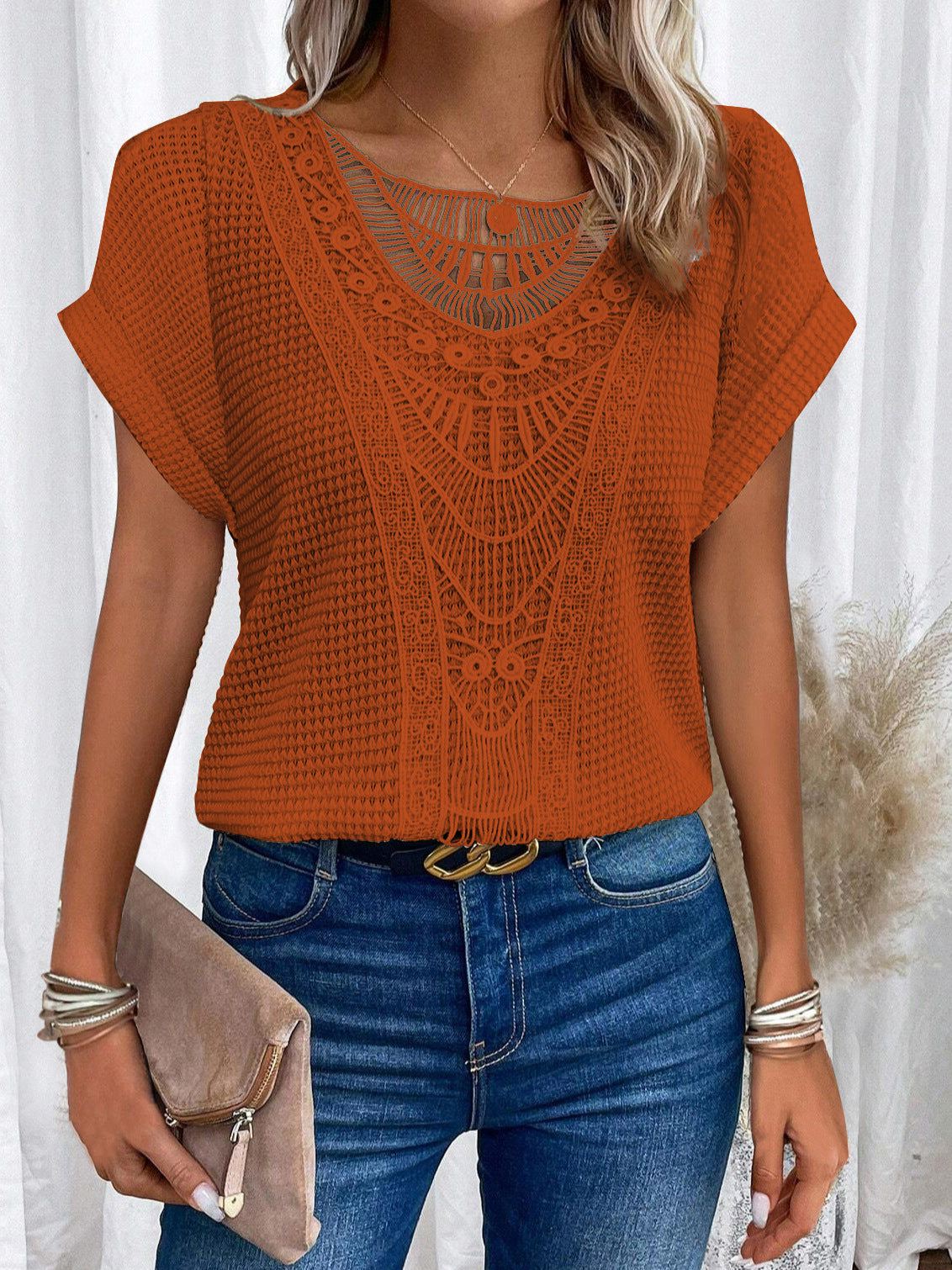 Leah – Short Sleeve Top with Lace Accents