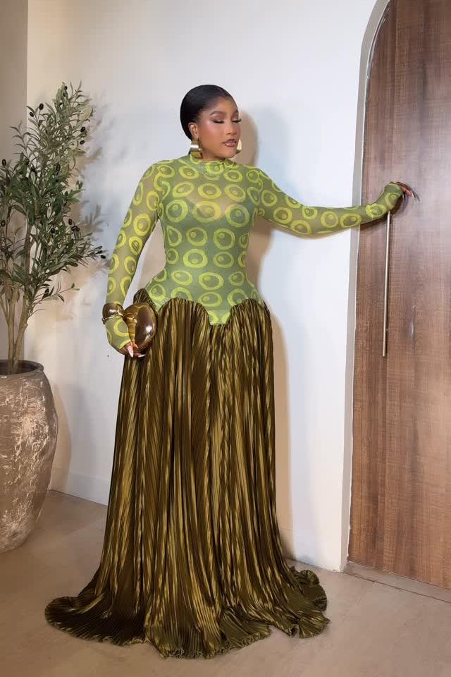Retro Pleated Maxi Dress with Mesh Panels