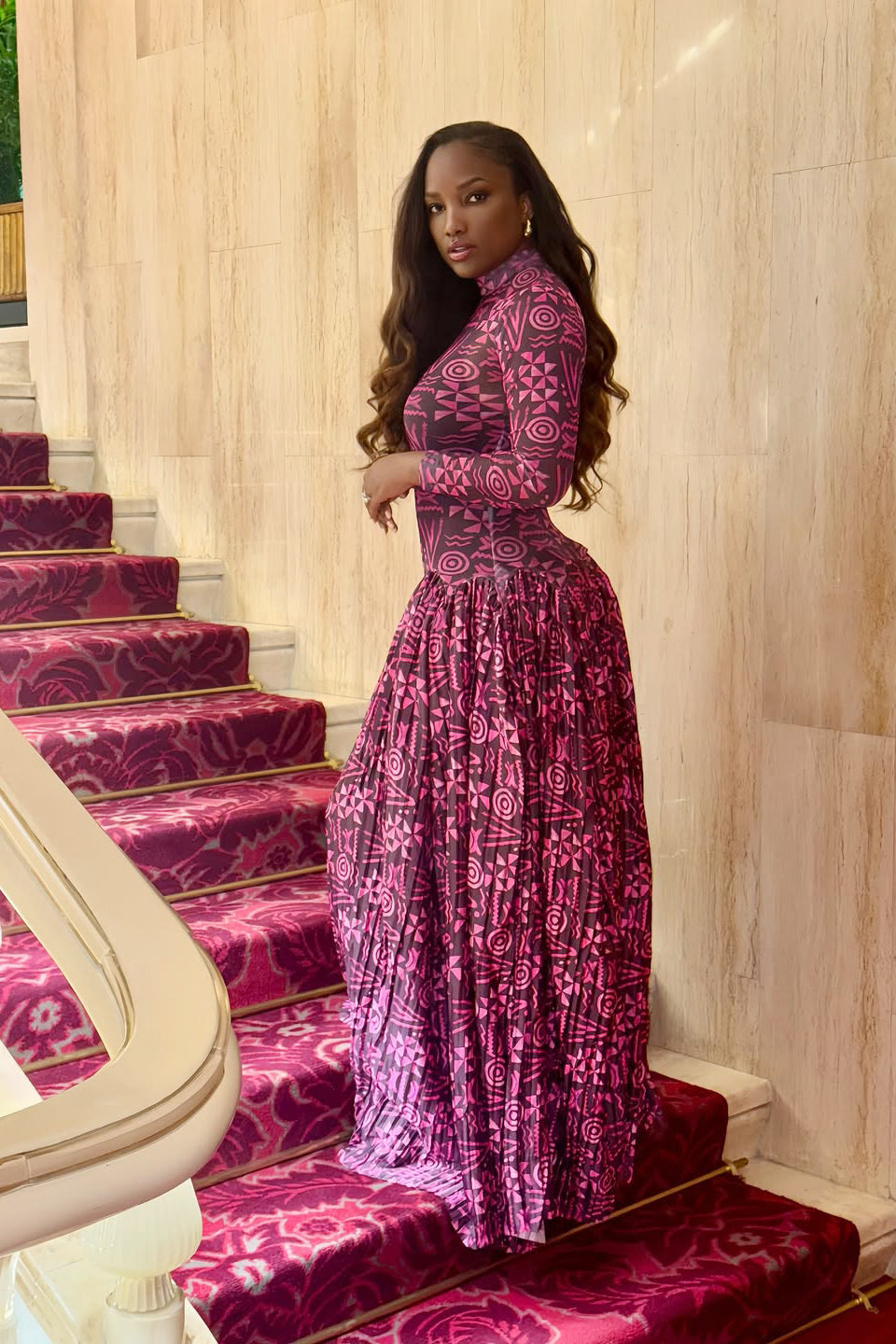 Maxi Dress with Geometric Print and High Neck Design