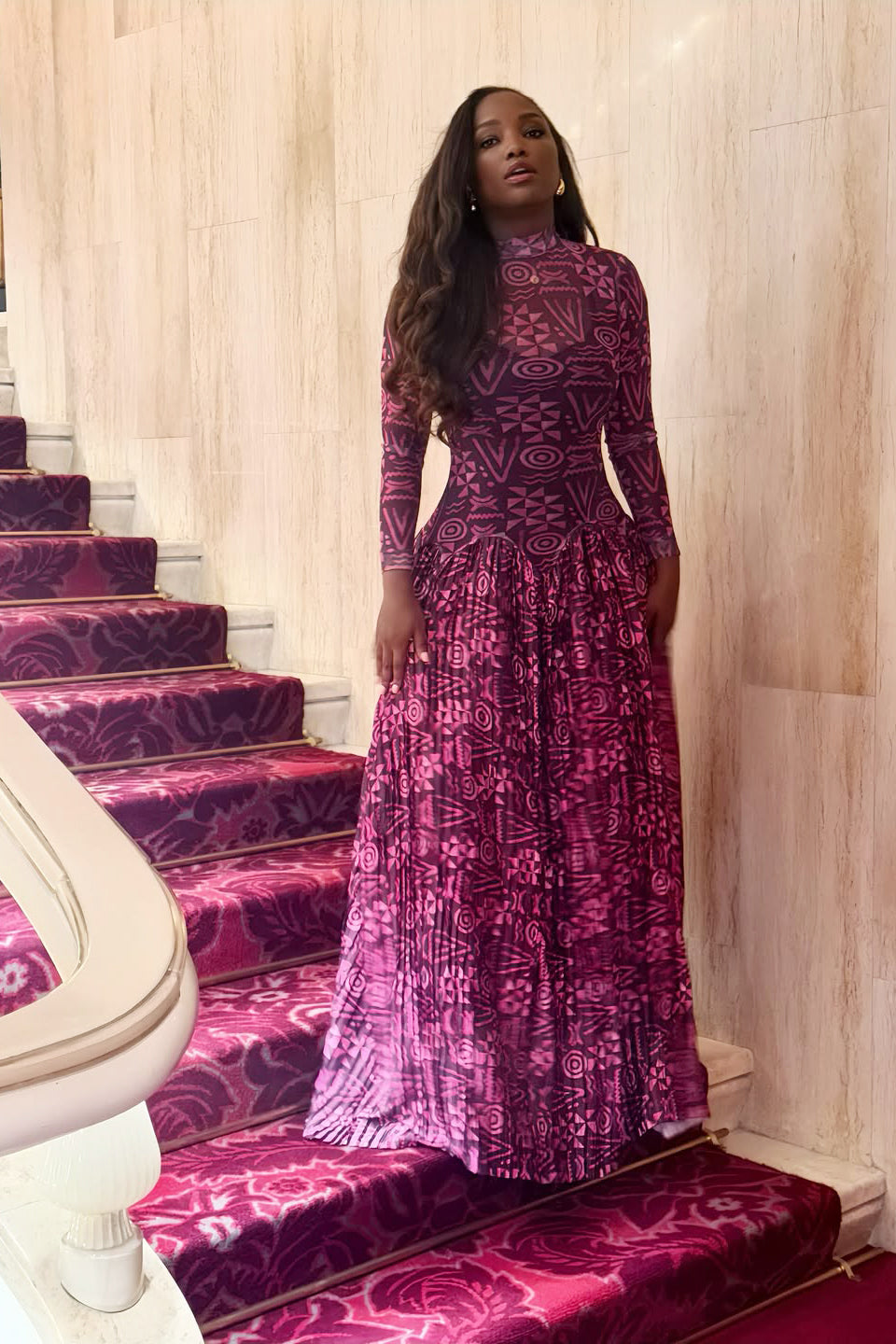 Maxi Dress with Geometric Print and High Neck Design