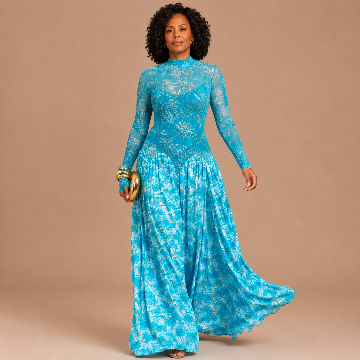 Thalia - Elegant Maxi Dress with Abstract Art Design