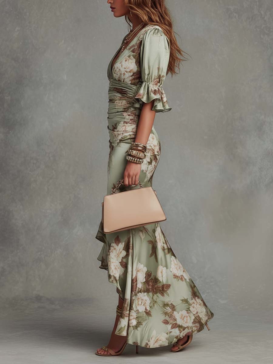 Anastasia - Long Satin Dress with Floral Print