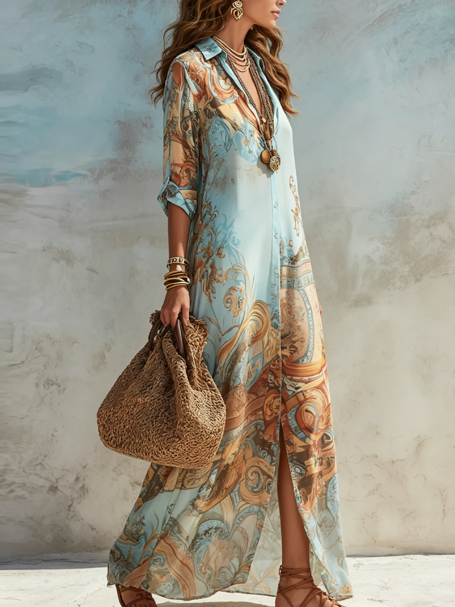 Daria - Mediterranean Maxi Shirt Dress