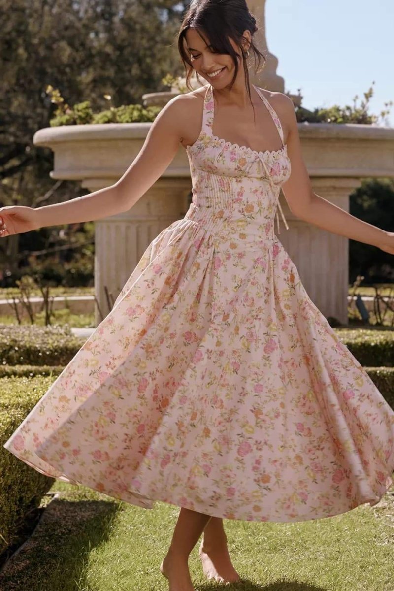 Abigail Halterneck Corset Midi Dress with Print