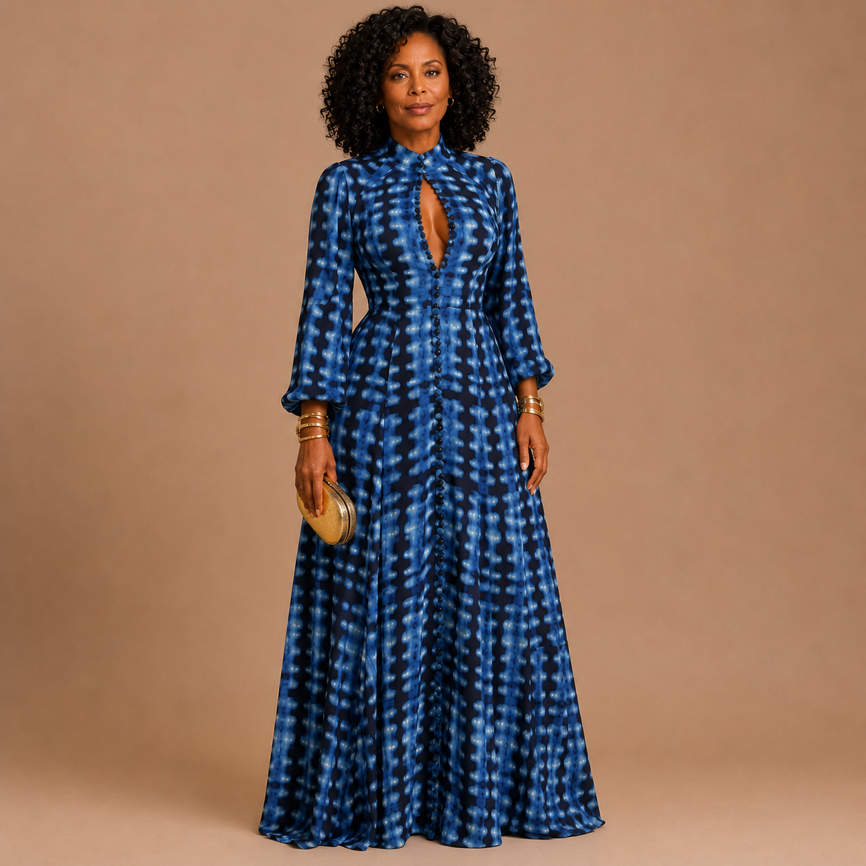 Aveline - Maxi Dress with Blue Tie-Dye and Button Front