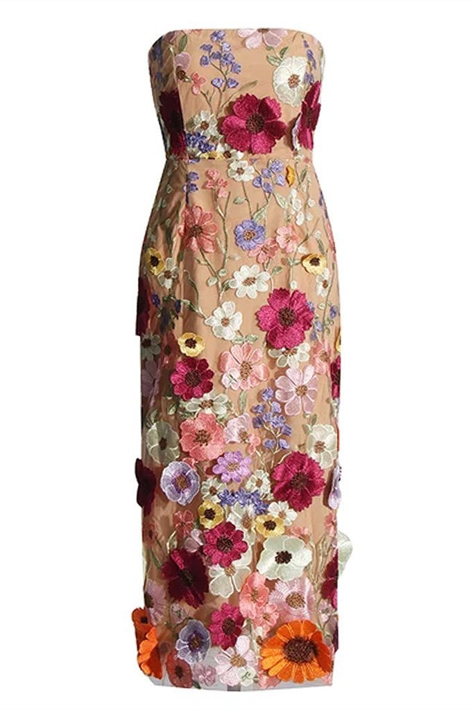 Floral Embroidered Strapless Midi Dress by Belle