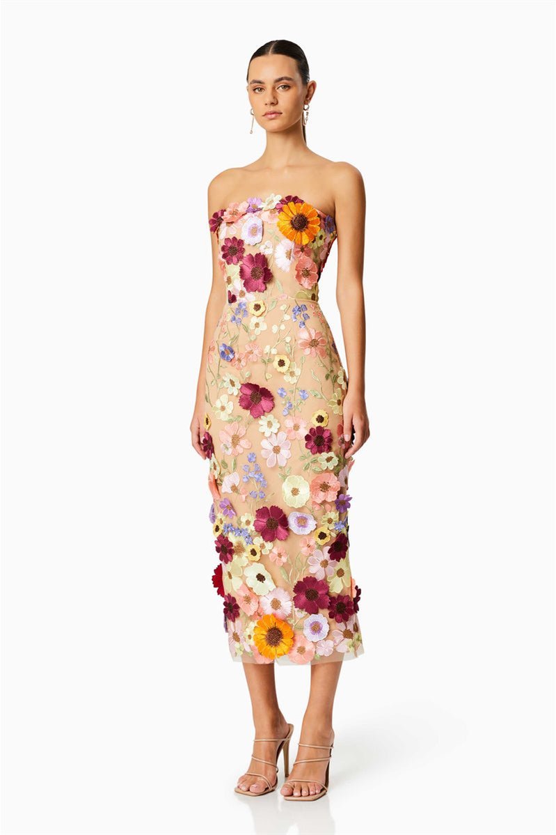 Floral Embroidered Strapless Midi Dress by Belle