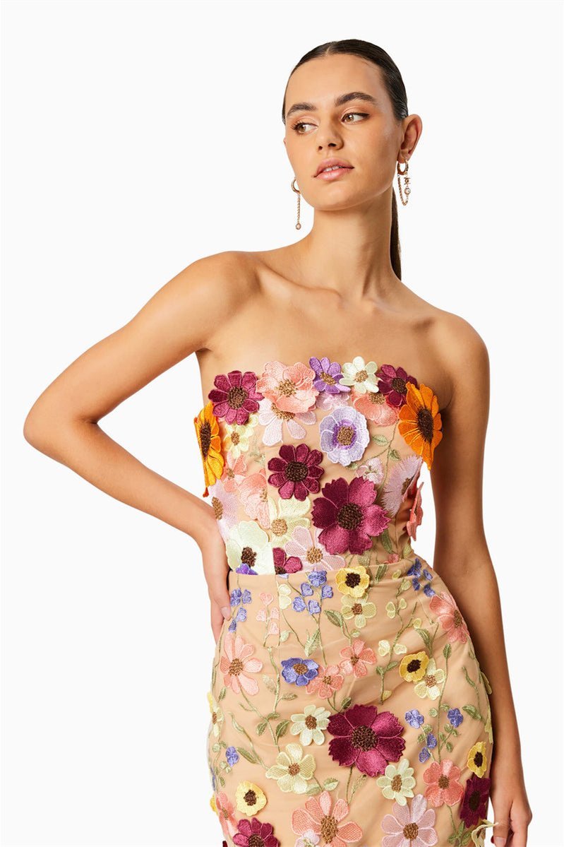 Floral Embroidered Strapless Midi Dress by Belle