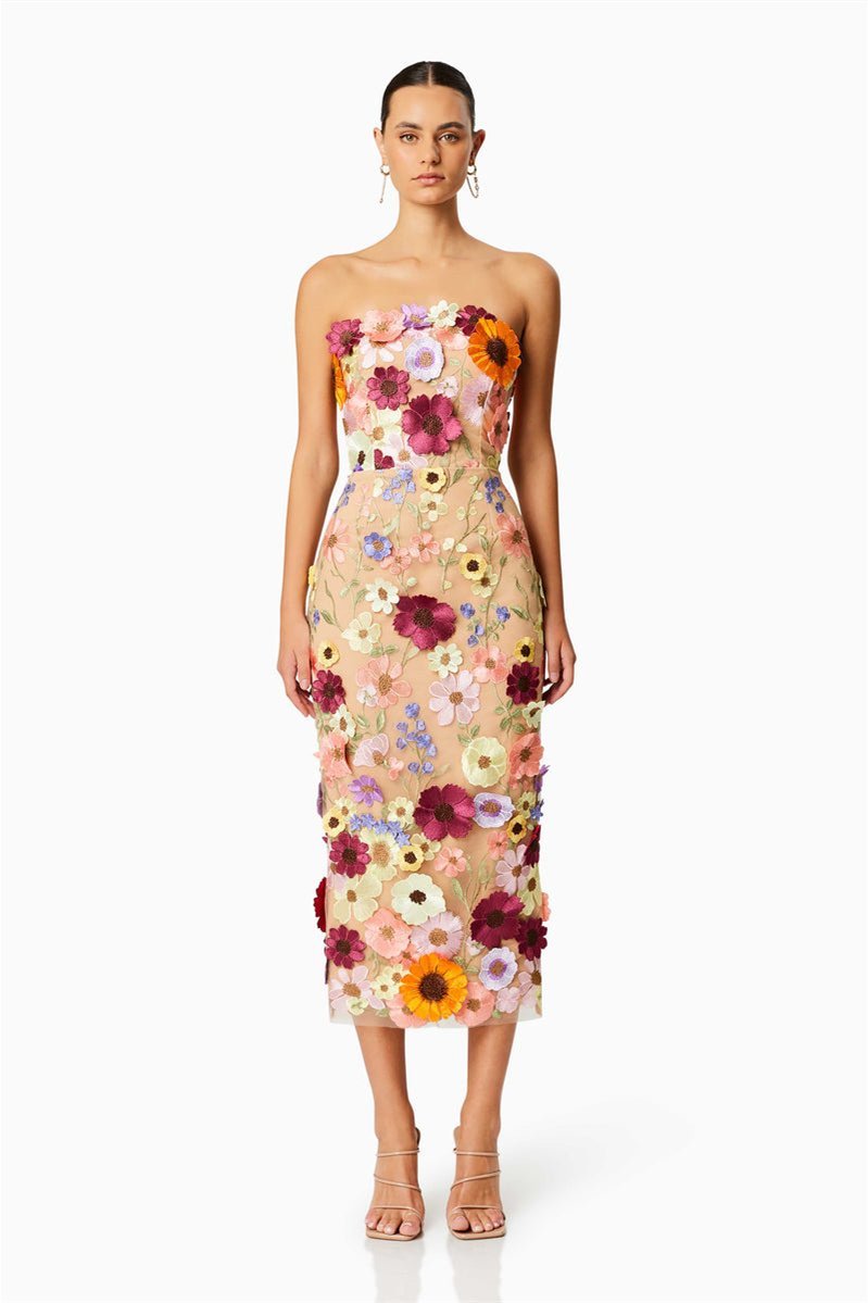 Floral Embroidered Strapless Midi Dress by Belle