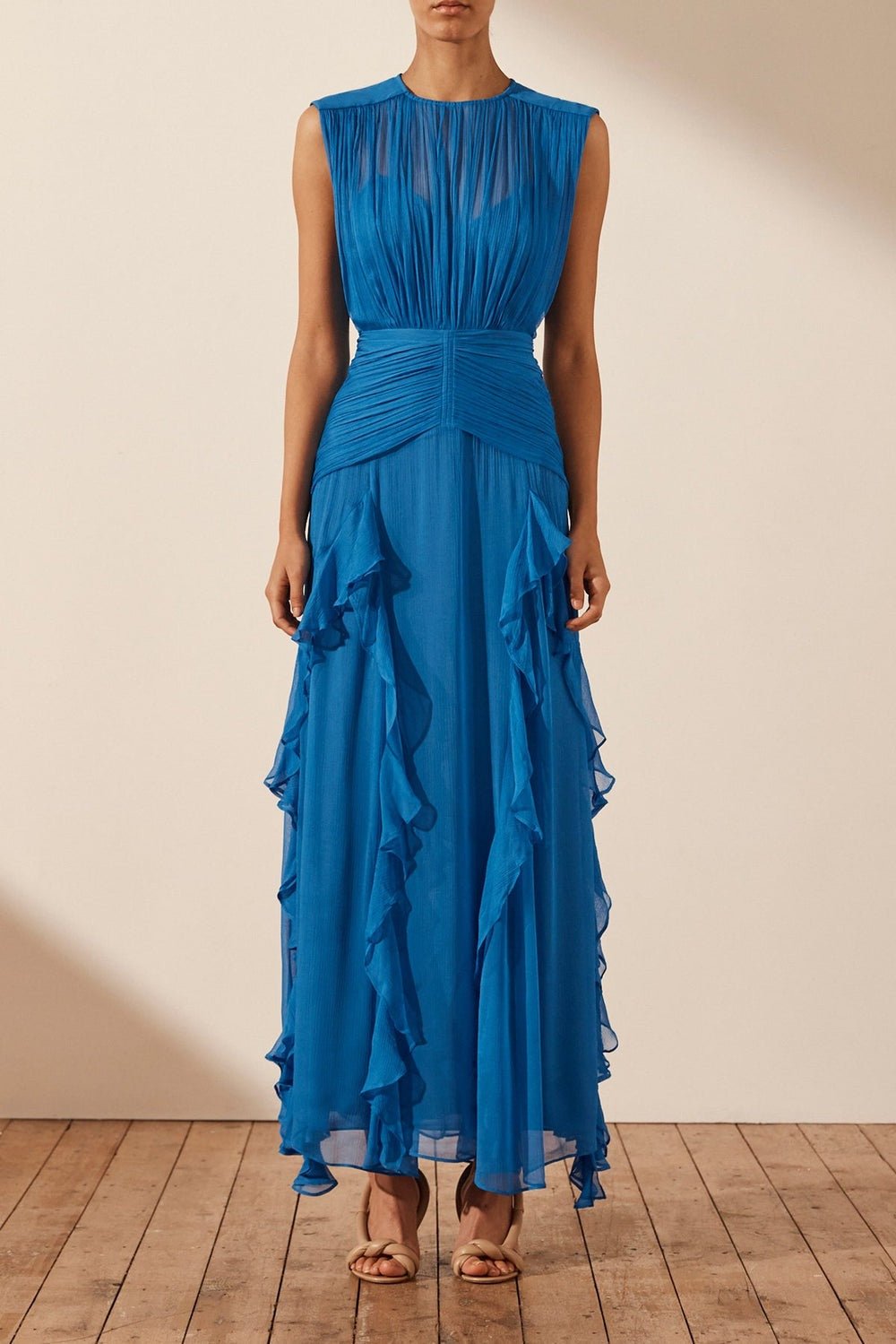 Eileen Ruffled Maxi Dress with Pleated Round Neck