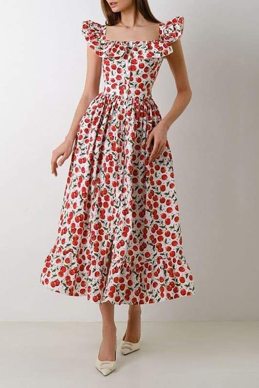 Ruffled Midi Dress with Cherry Print by Griselda