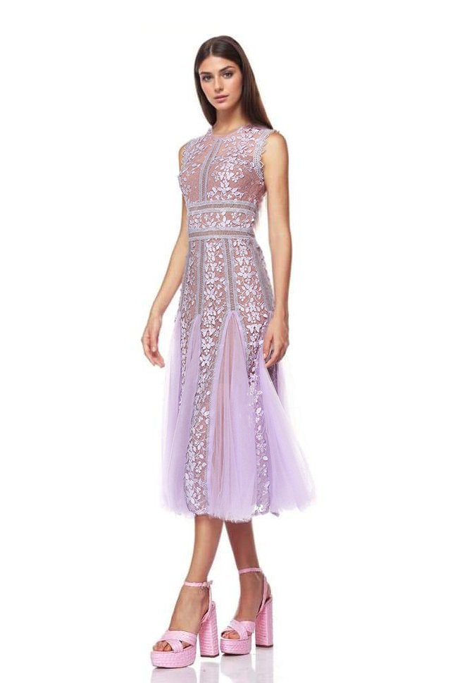 Embroidered Lace Midi Dress in Heather