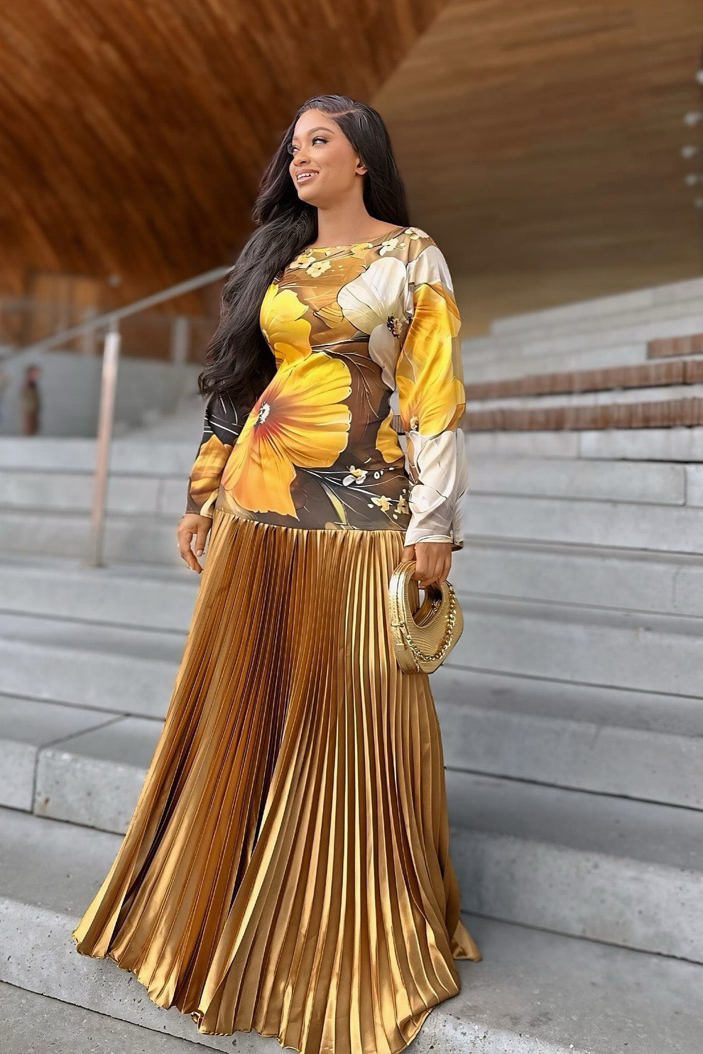 Golden Sunflower Pleated Maxi Dress