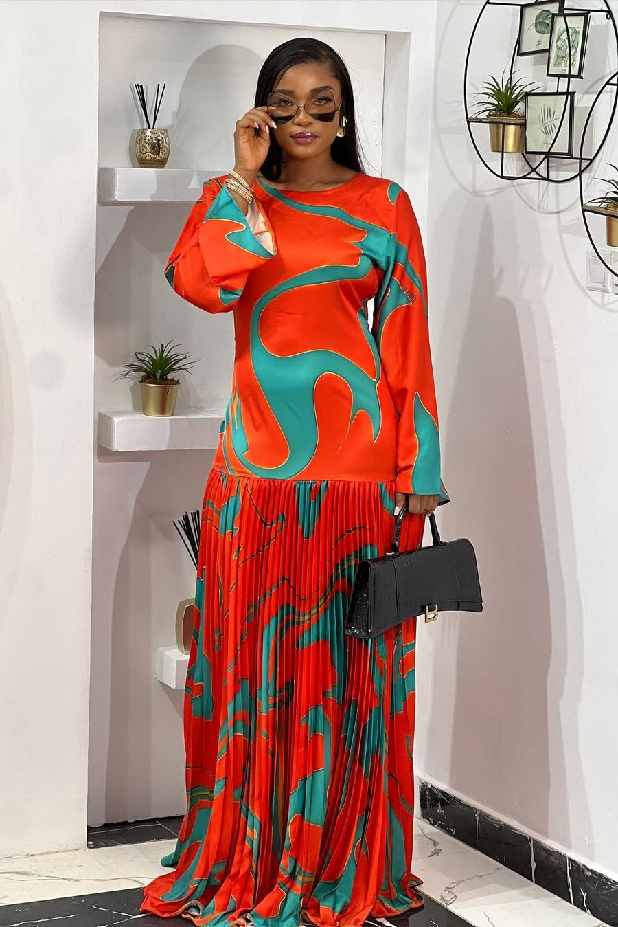 Pleated Maxi Dress with Tropical Wave Design