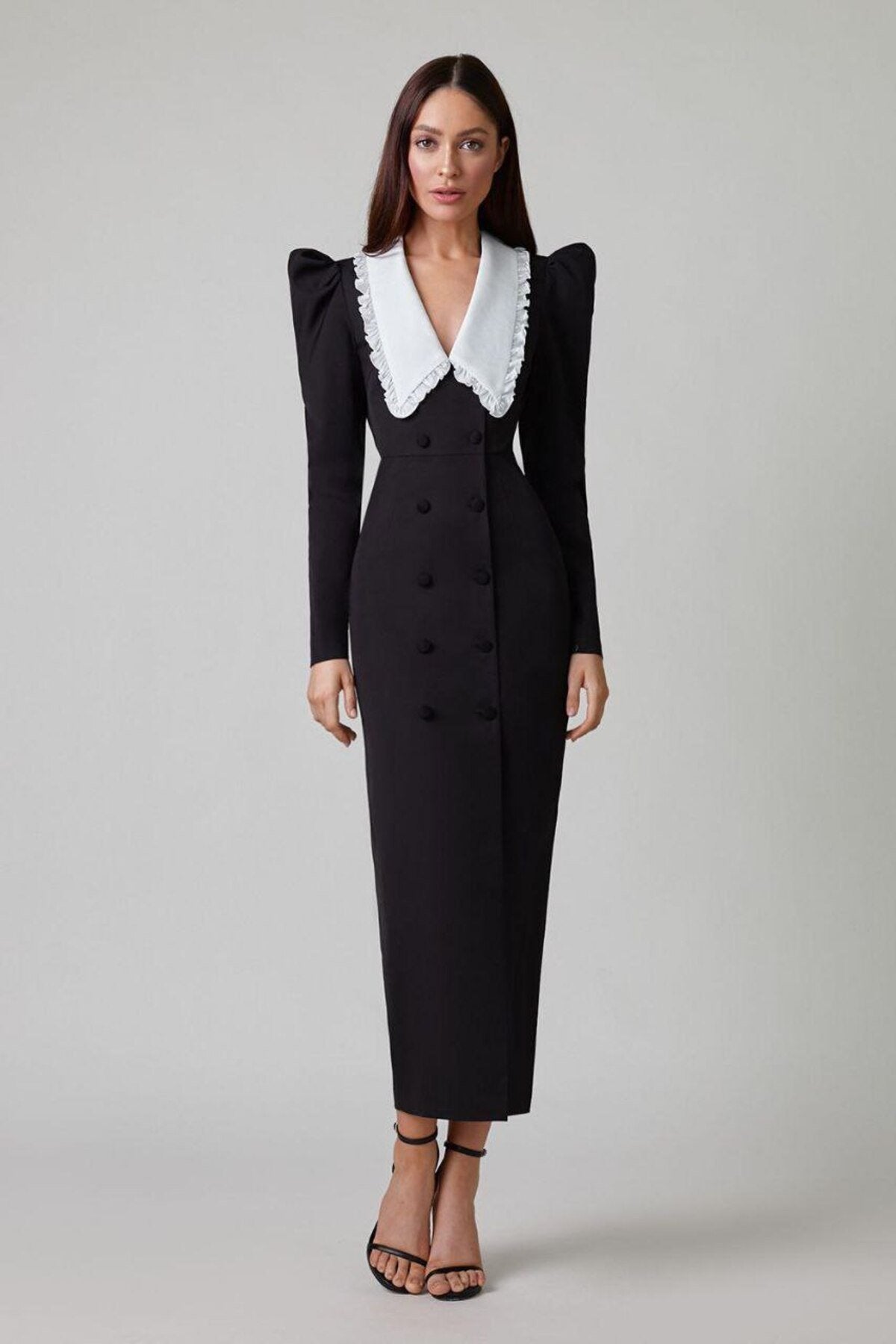 Kathy V-Neck Midi Dress with Peter Pan Collar