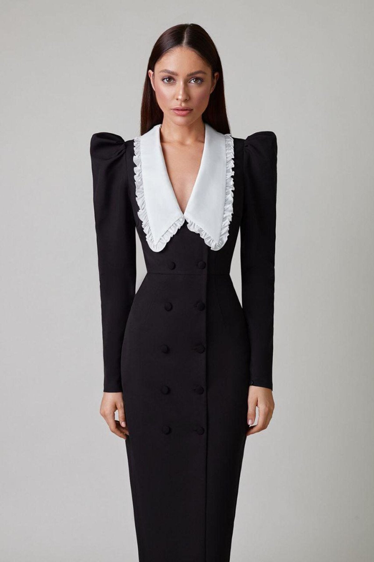 Kathy V-Neck Midi Dress with Peter Pan Collar