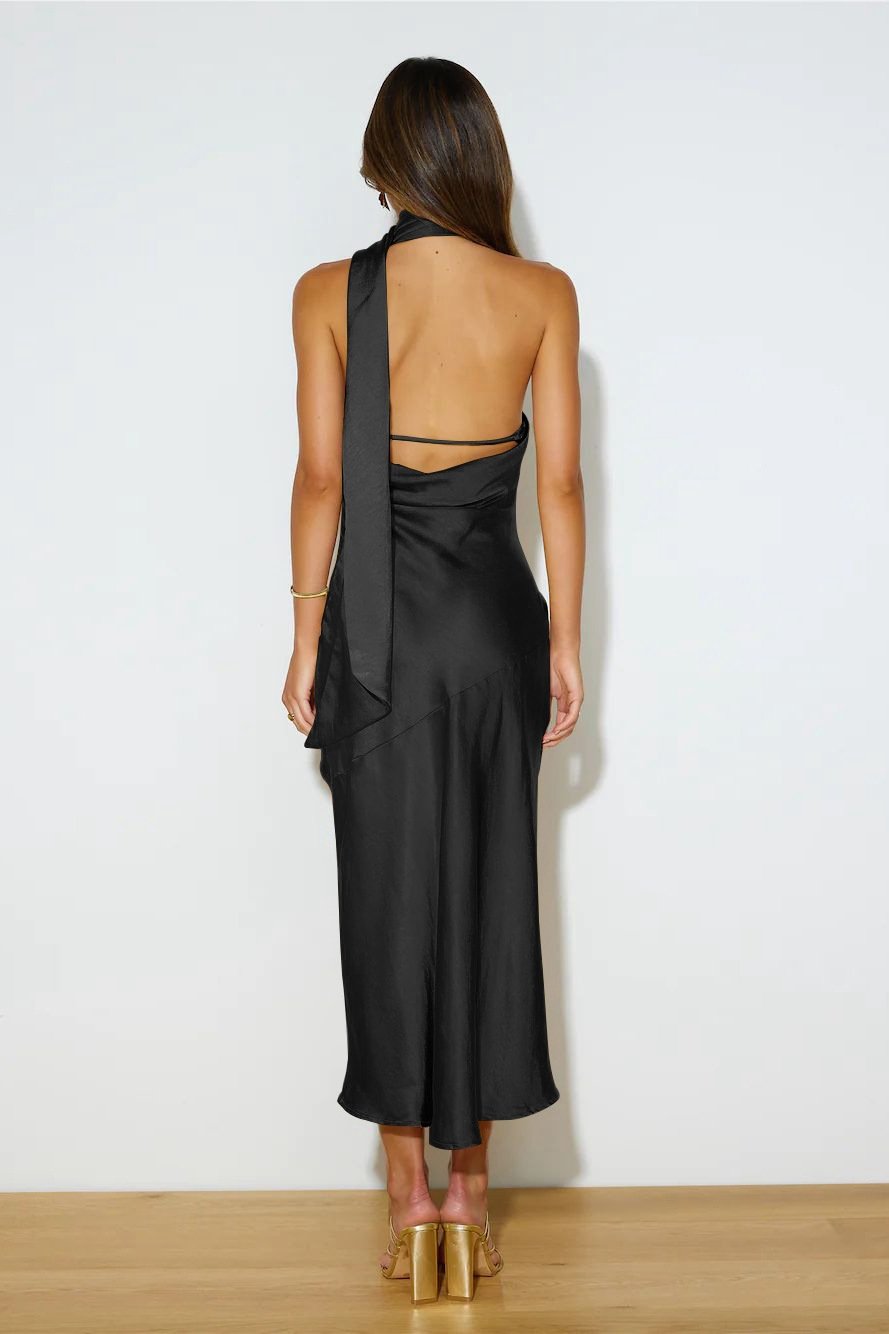Nad Satin Midi Dress with Cowl Halterneck