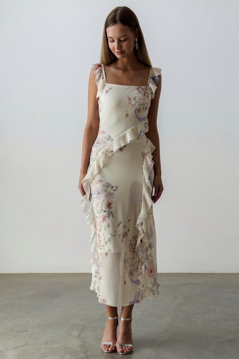 Naomi Floral Ruffle-Trim Cami Midi Dress with Slit