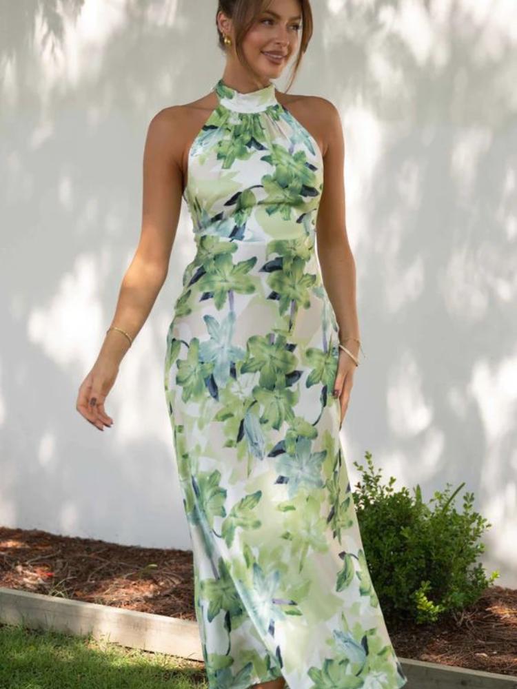 Gill Satin Midi Dress with Printed Halterneck and Backless Design