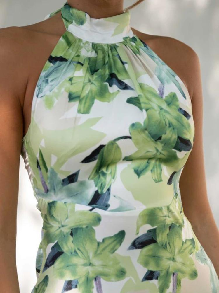Gill Satin Midi Dress with Printed Halterneck and Backless Design