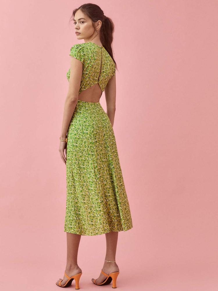 Rachel Floral Print Round Neck Midi Dress with Slit