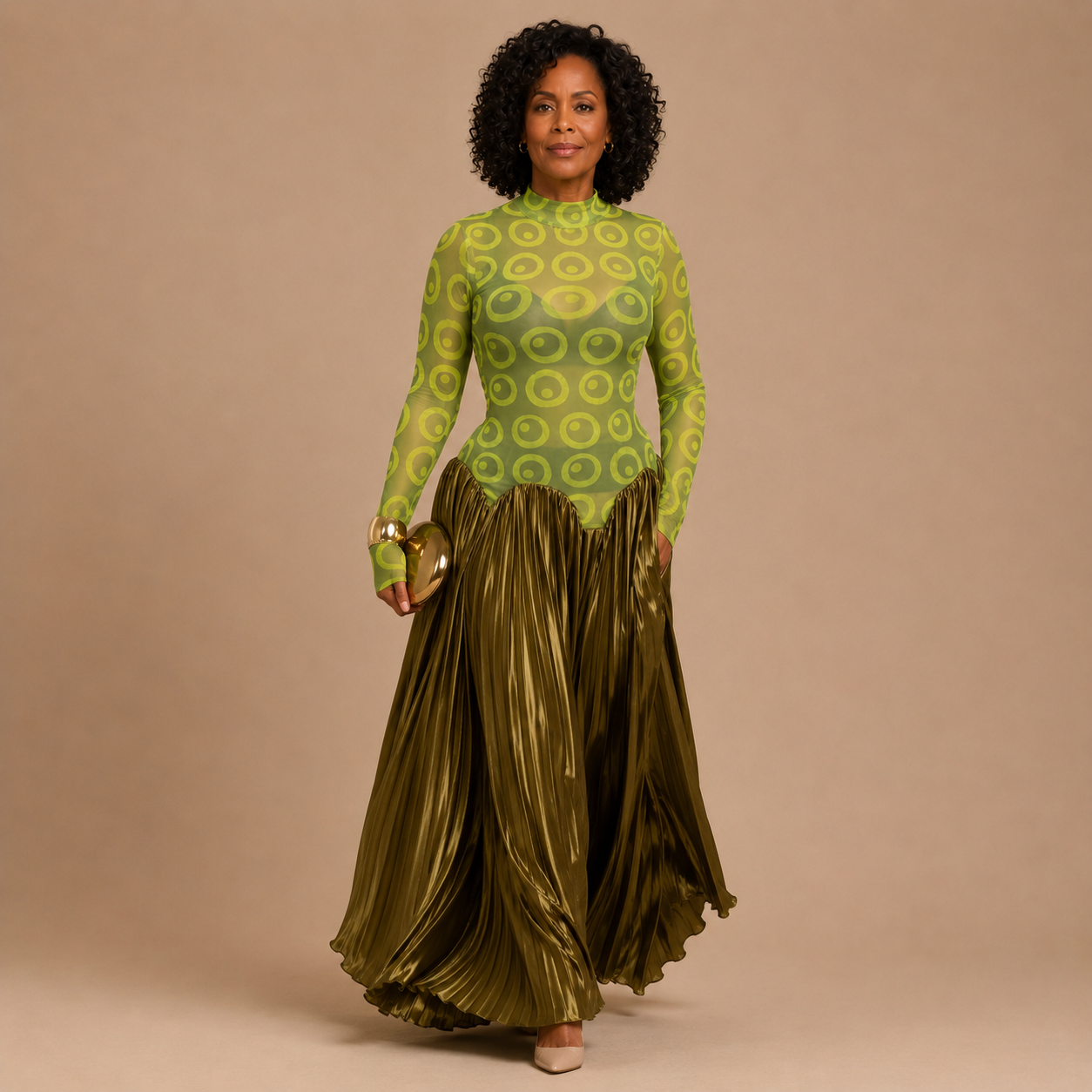 Vienna - Retro Pleated Maxi Dress with Mesh Panels
