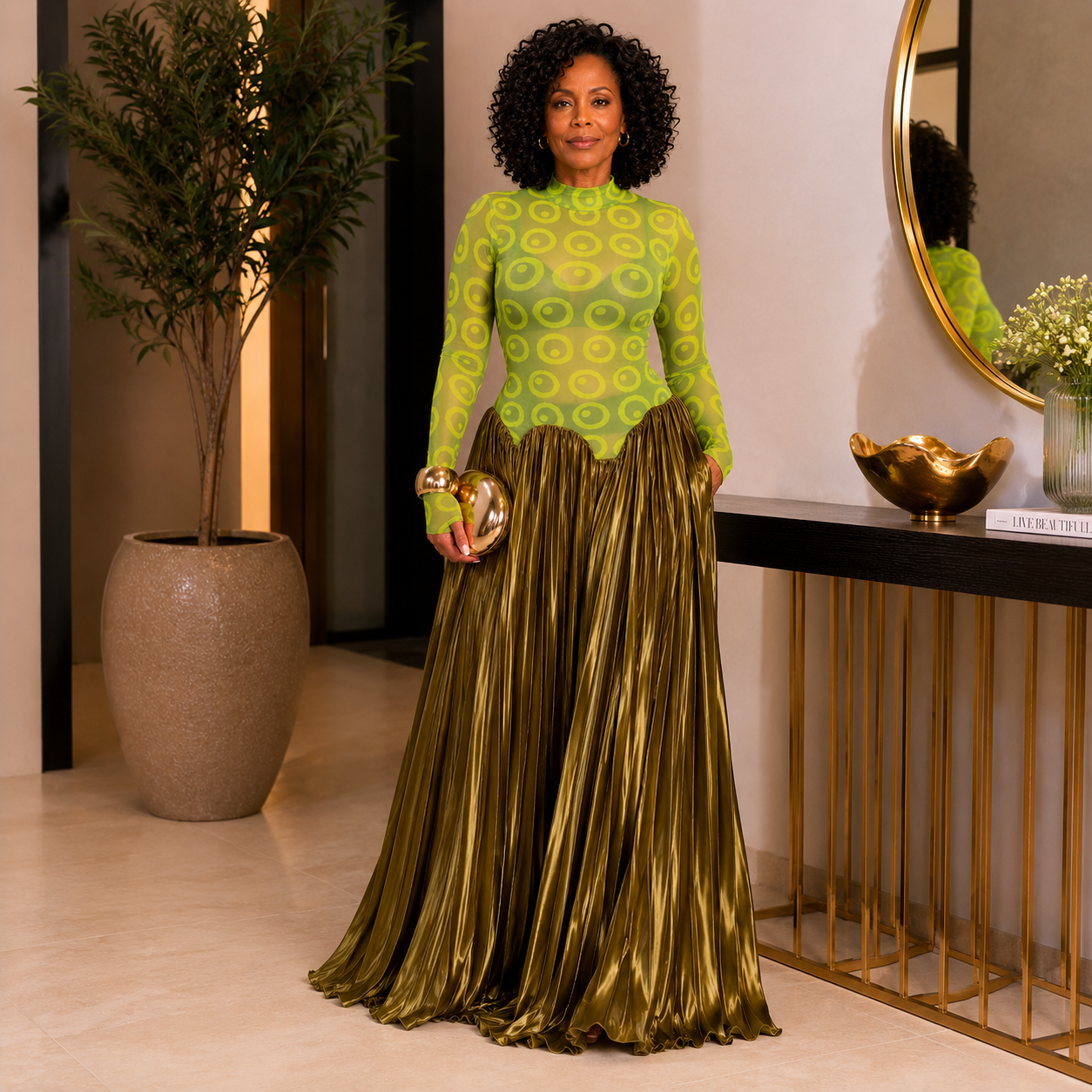 Vienna - Retro Pleated Maxi Dress with Mesh Panels