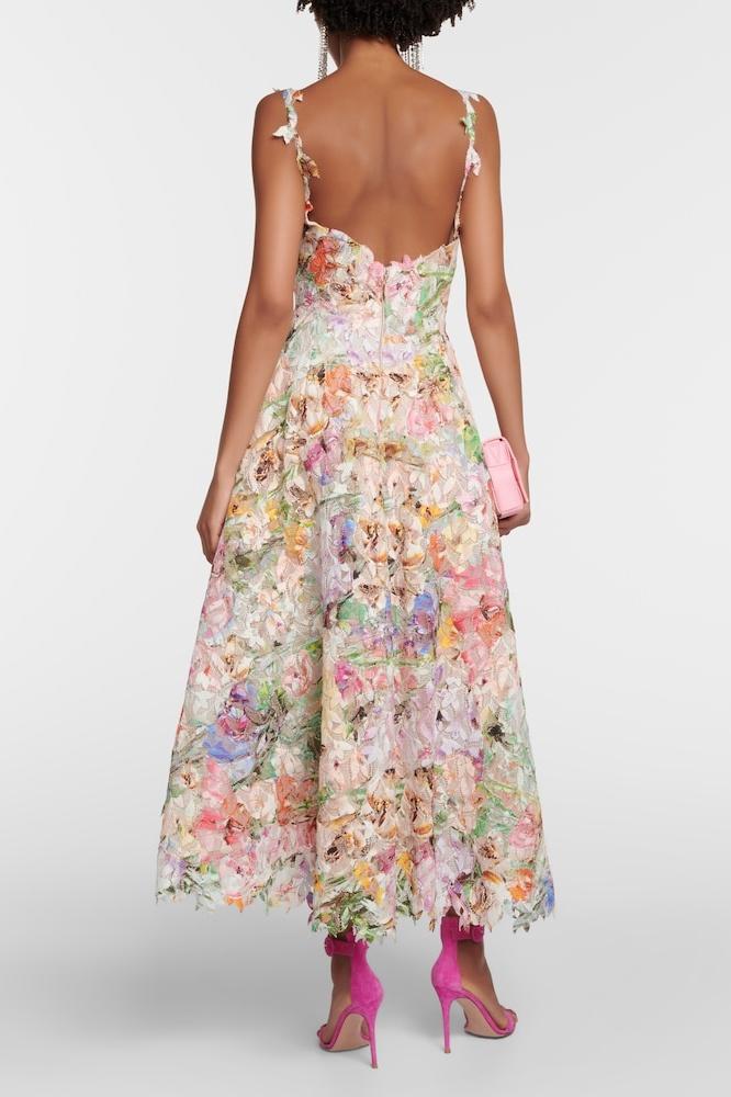 Embroidered Lace Midi Dress in Violet Floral Design