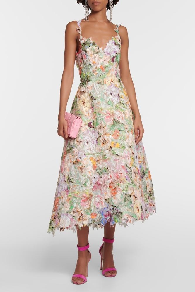 Embroidered Lace Midi Dress in Violet Floral Design