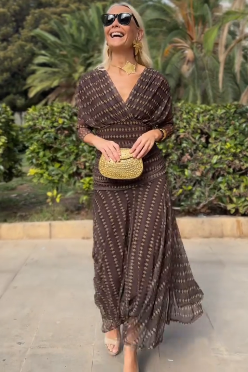 Bohemian-Inspired V-Neck Mesh Maxi Dress with Patterned Design